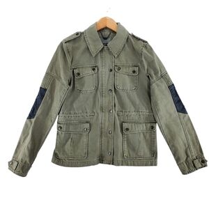 Levis Army Jacket Womens S OD Green Canvas Faux Leather Elbow Patch Zip Snap Up